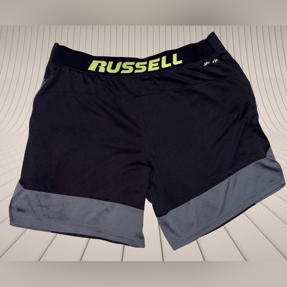 Russell Men's L Black & Gray Athletic Shorts with Zipper Pocket & Drawstring